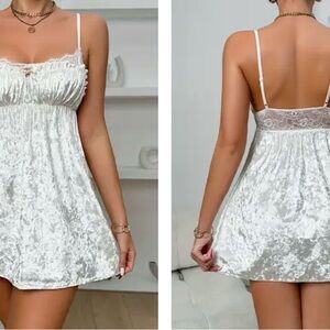 White Crushed Velvet Lace-Trim Slip Dress